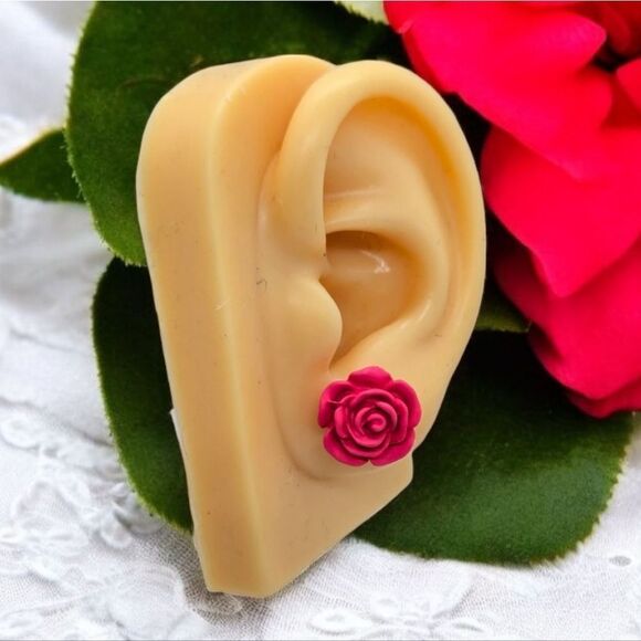 Small Rose Earrings Hot Pink Pierced Ear Stud Post Women's Jewelry Gift Romantic - Picture 2 of 8